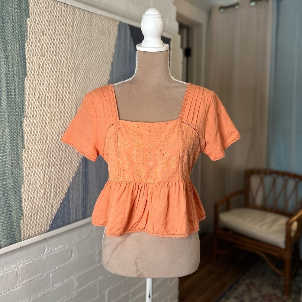 Midnight Sky Peach Eyelet Ruffle Babydoll Blouse